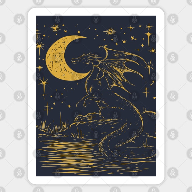 Mystical Dragon by the Moonlit Waters – Celestial Fantasy Beast Sticker by TuncGK